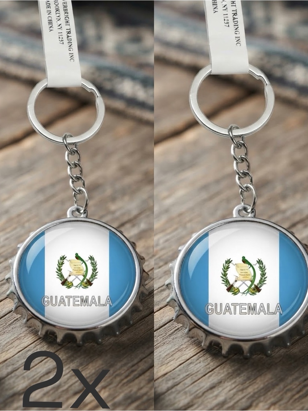 2 pack- Guatemala Flag Bottle Cap Keychain - Silver Keyring (Blue & White)